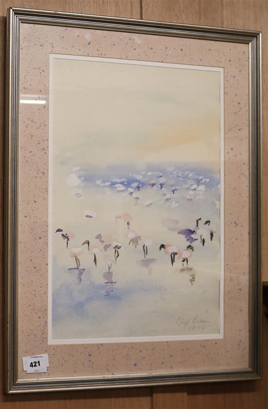 Cheryl Bourkeman, watercolour, flamingos, signed and dated 1979, 21.5 x 14in.